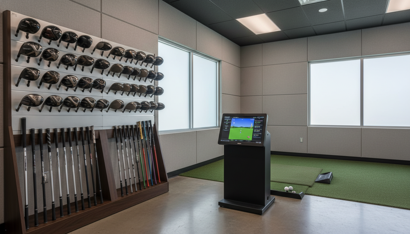 The technology bay — in a real photo this would show a TrackMan 4 unit and dual-camera rig set up behind a hitting mat
