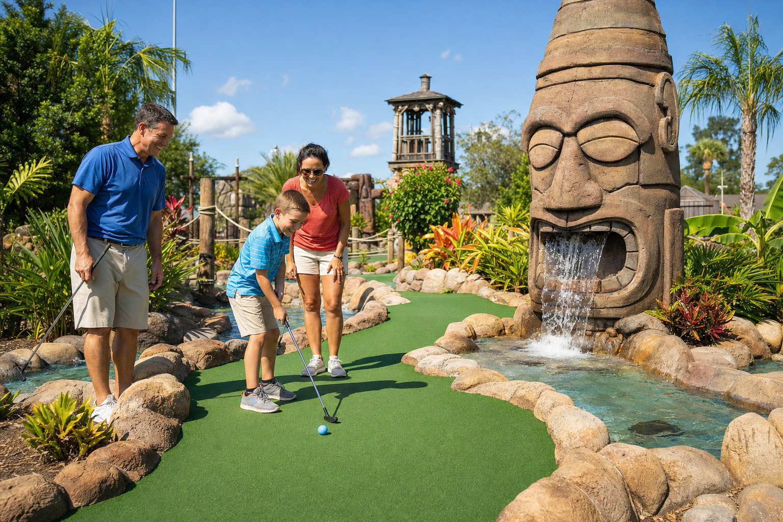 Atmospheric placeholder; final hero would show the lagoon island of the adventure golf course at dusk with lit waterfalls