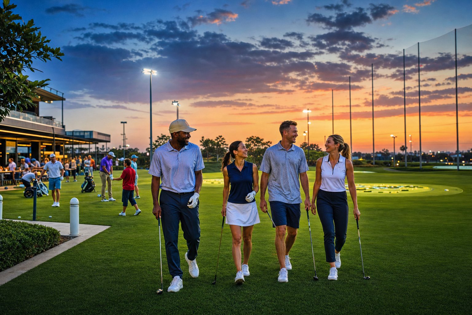 A floodlit fairway at The Yard at dusk with players walking out