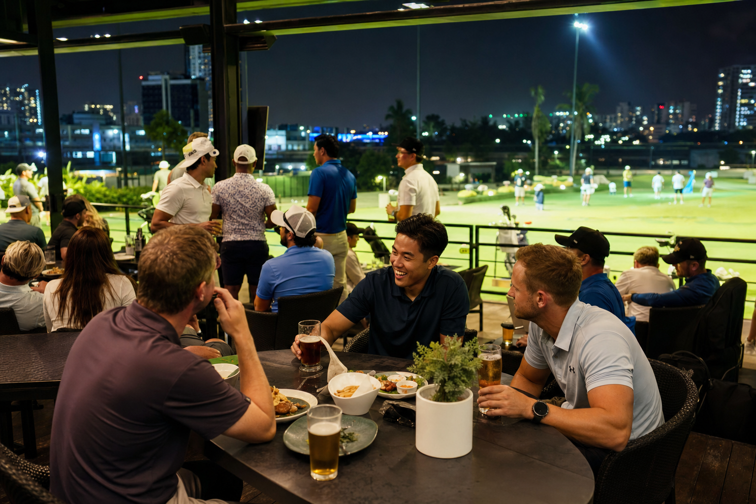 The clubhouse terrace at The Yard set for food and drinks