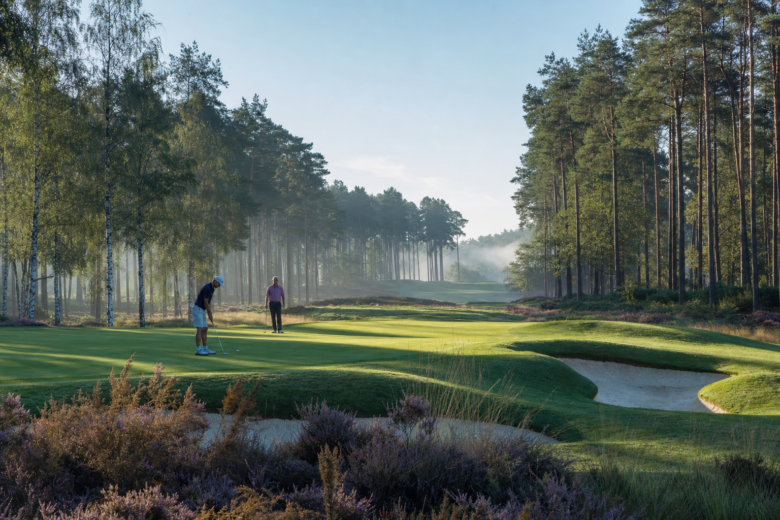 The eighteenth fairway at Wentmoor Park at first light, framed by Scots pine and heather