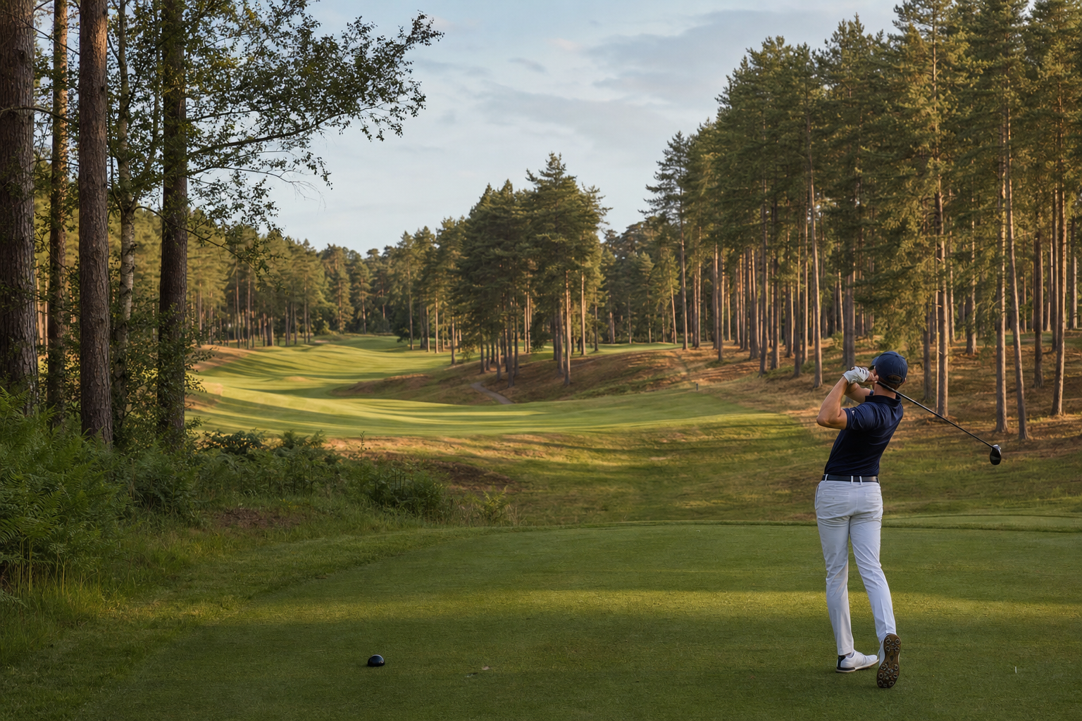 The turn at Wentmoor Park, a fairway falling away between stands of Scots pine
