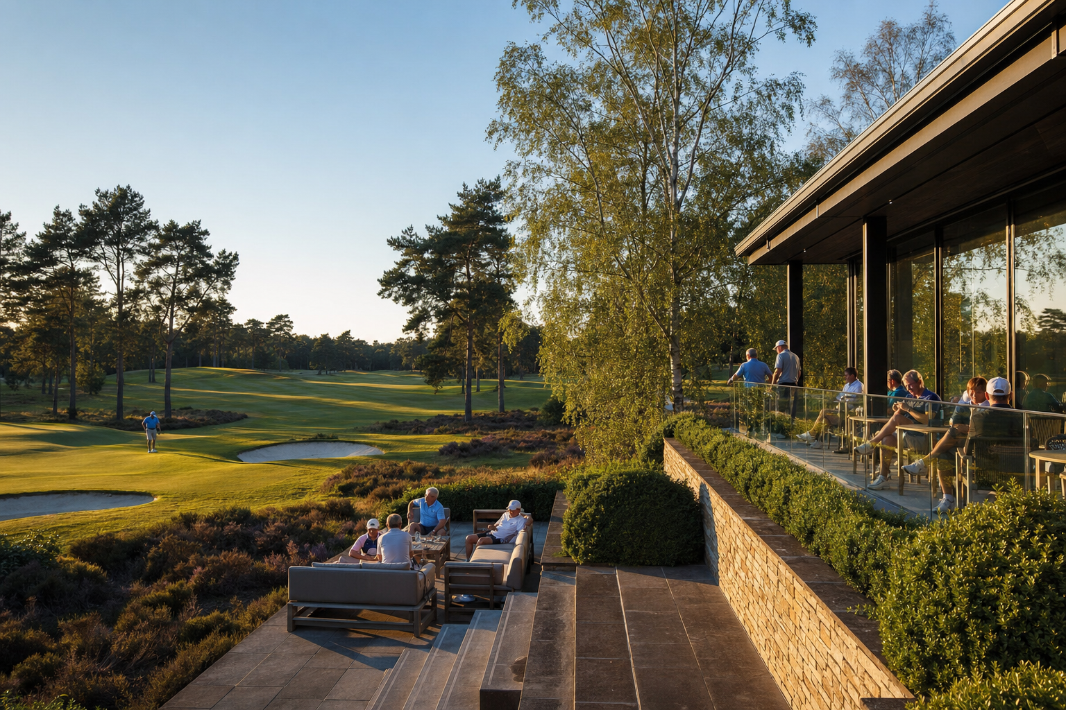 The Wentmoor Park clubhouse in late afternoon light, the terrace overlooking the closing holes