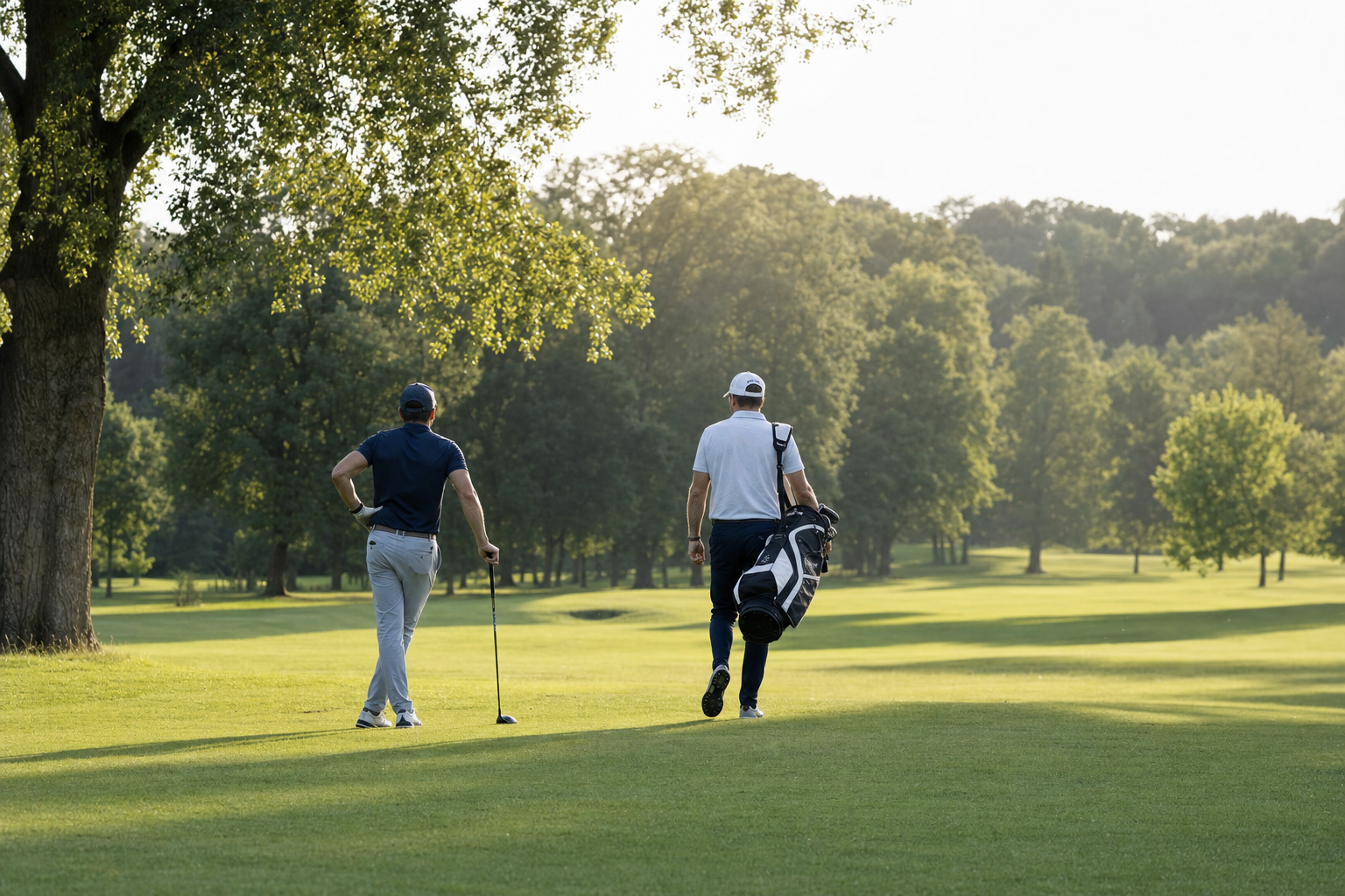 Golfers in polo shirts on a calm parkland fairway at Sunningwell in soft golden light