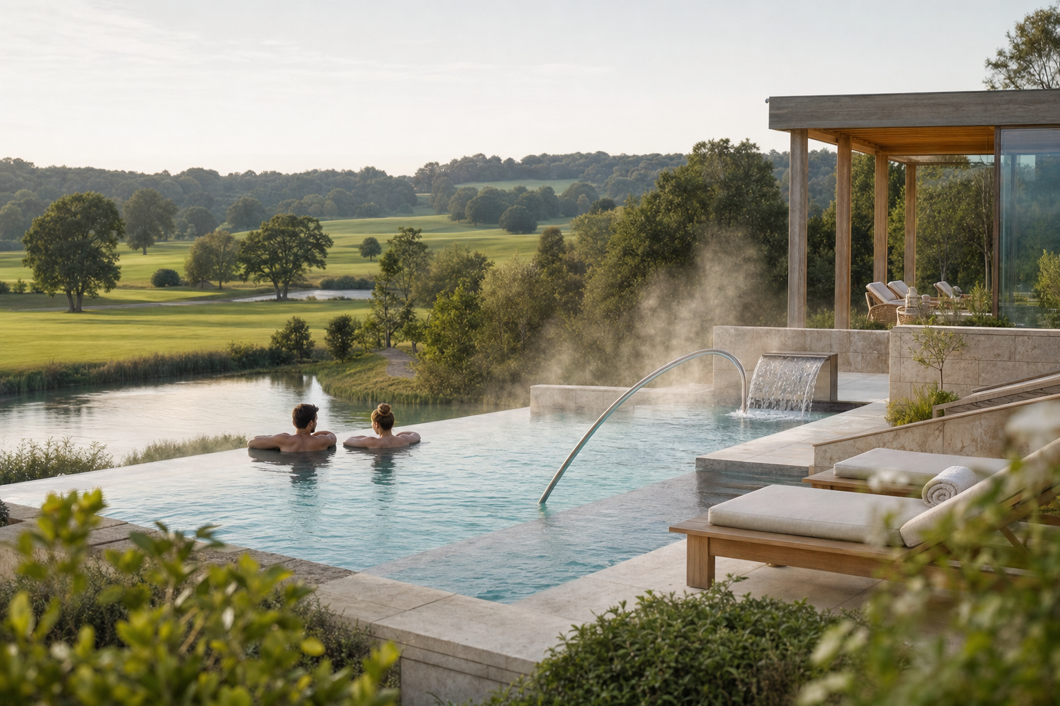 A serene wellness garden and spa terrace at Sunningwell in soft morning light