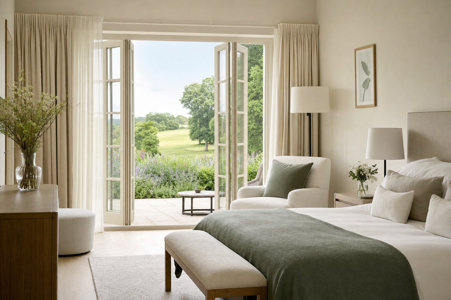 A restful, light-filled bedroom at Sunningwell with garden views and linen bedding
