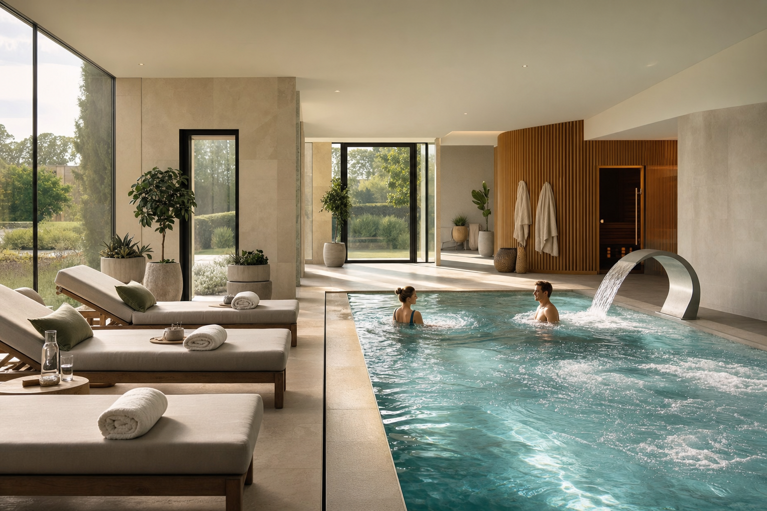 A calm indoor hydrotherapy spa pool with loungers and soft daylight