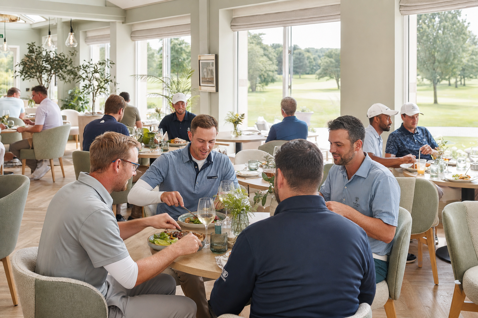 A bright, airy restaurant interior at Sunningwell set for a wholesome seasonal lunch