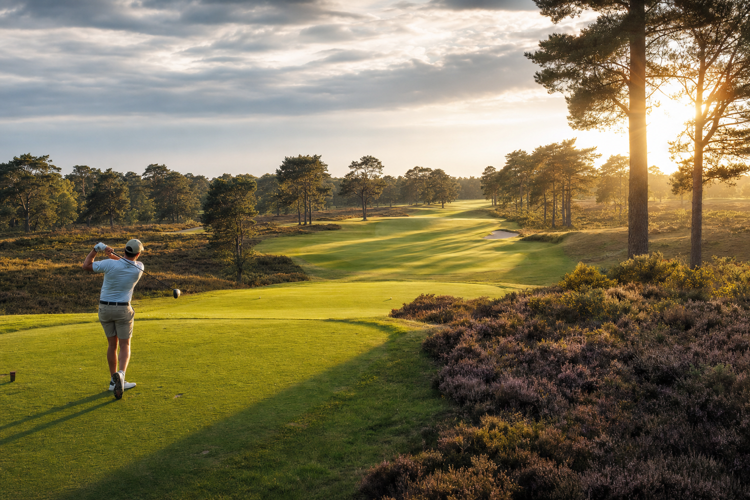 Early light across the heathland fairways at Carnmoor Park, gorse and pine framing the green
