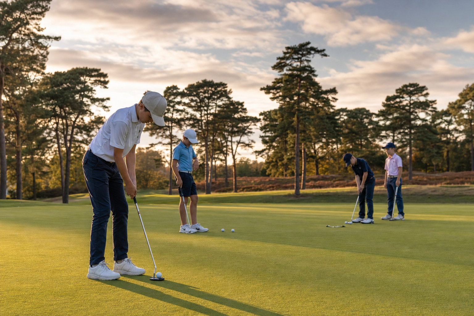 Junior members lining up putts during a holiday coaching session