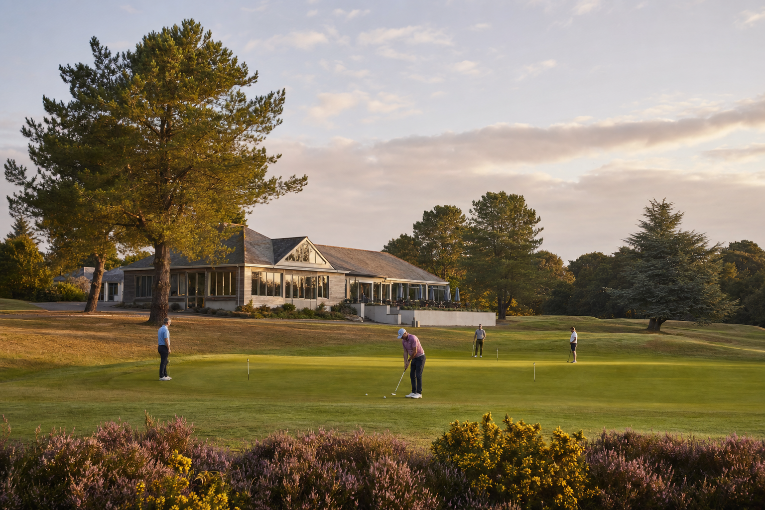 The Carnmoor Park clubhouse and putting green on a still Cornish morning