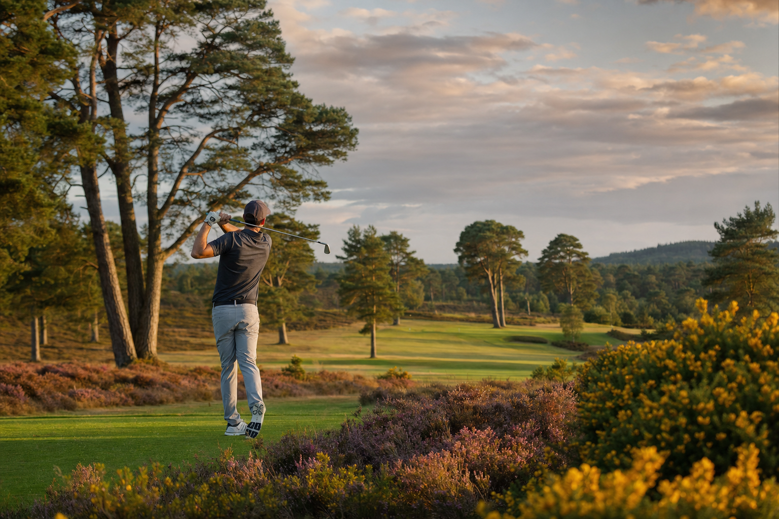 The old course in soft evening light, long shadows across the heath