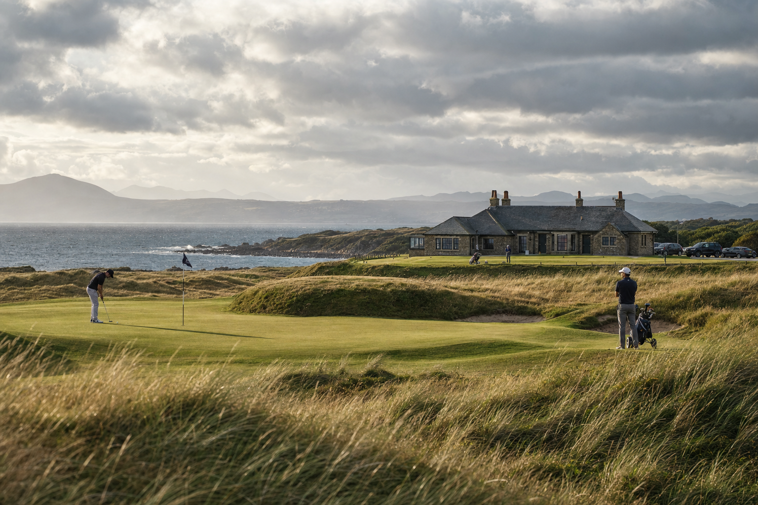 The low stone clubhouse and links framed against the Firth of Clyde