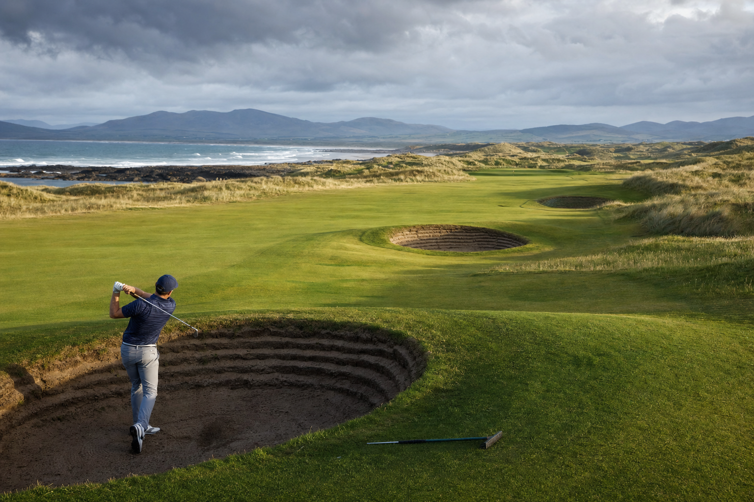 A long view down a Carrick Strand fairway with revetted pot bunkers