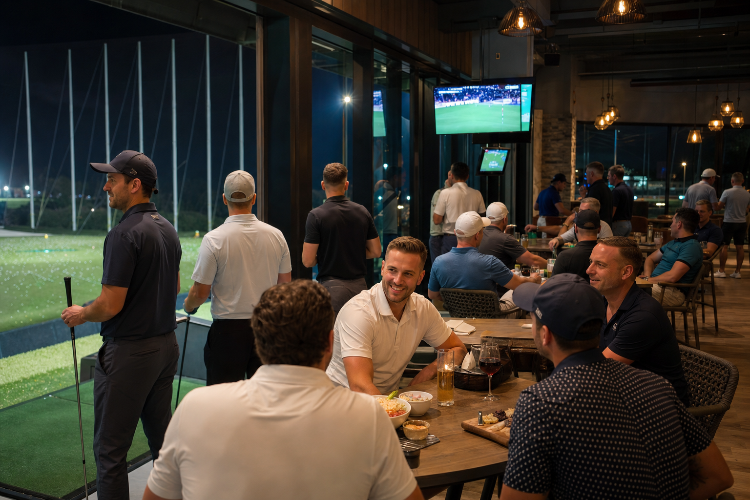 Players competing under floodlights — illustrative; a real photo would show a busy league night with a leaderboard on the big screen