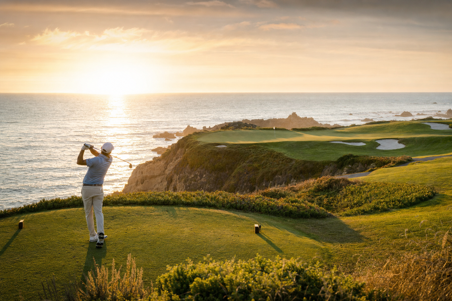 The par-three seventh on the Atlantic Course, its green perched above the cliff edge