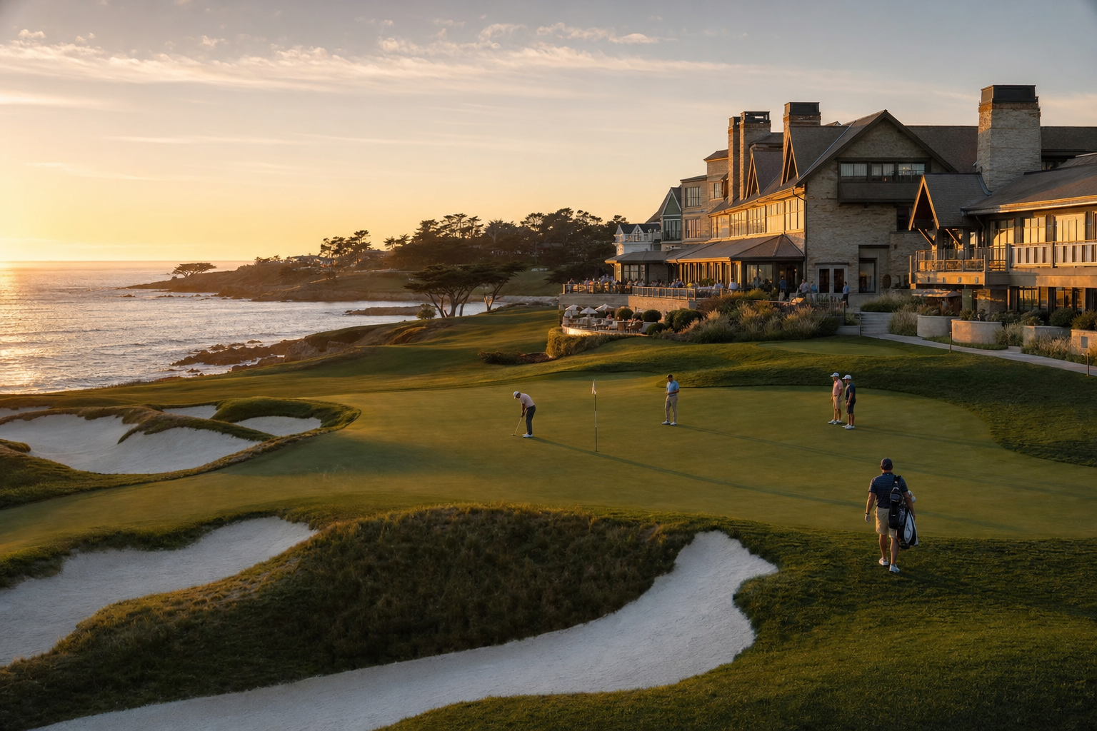 The Atlantic Course and Cornish coastline at golden hour, seen from the resort