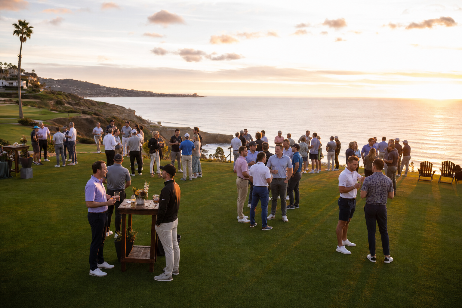 The clifftop lawn at dusk, set for a celebration above the Atlantic
