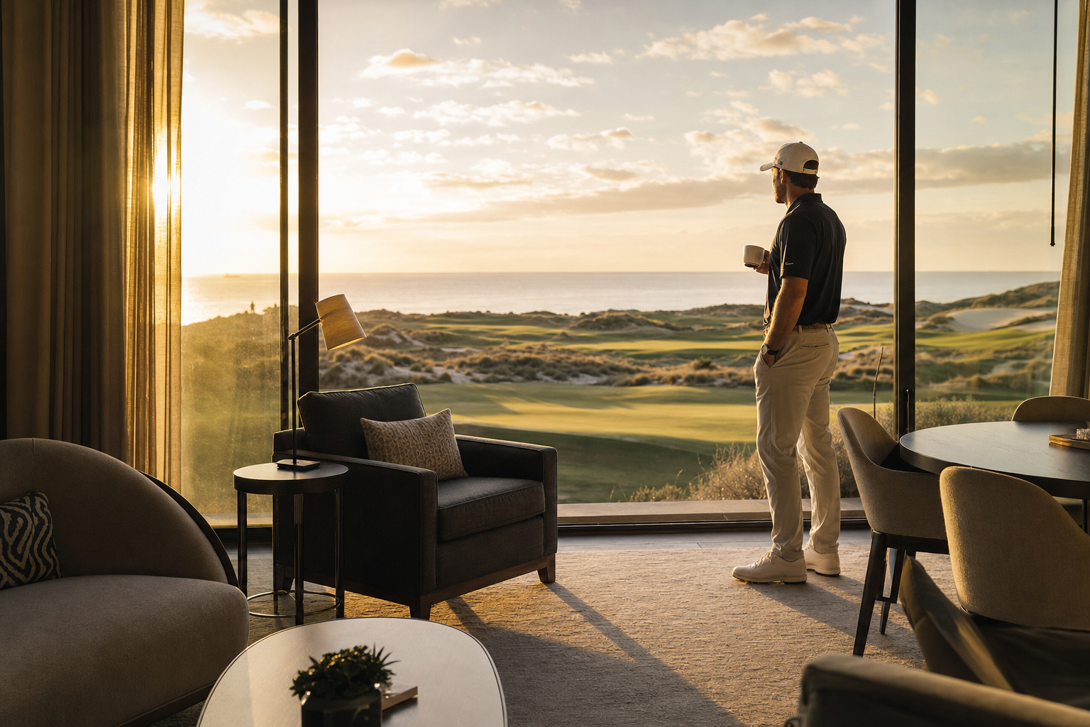 A dune-view suite with the course and sea beyond the window