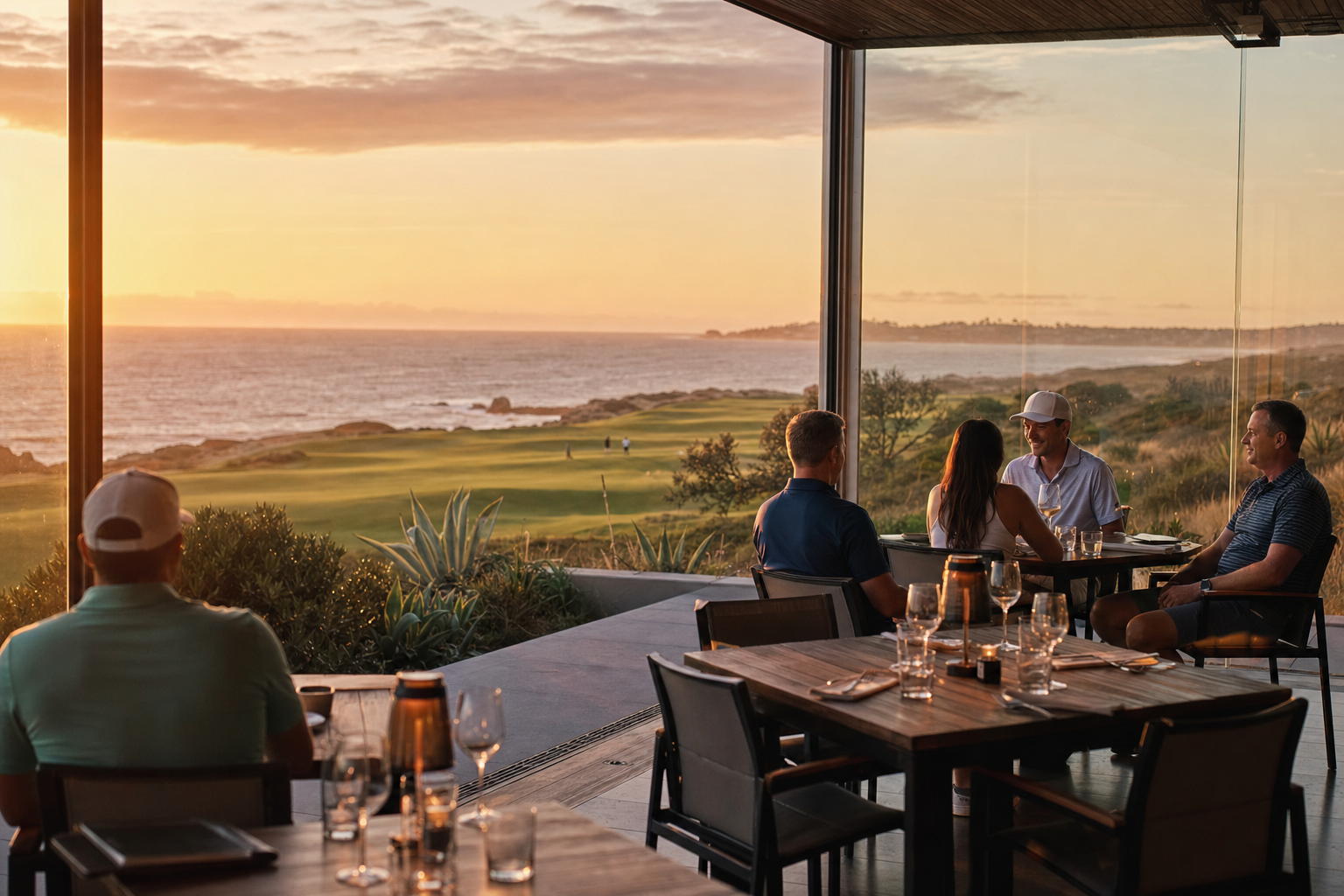 The Glasshouse restaurant set for dinner with coastal evening light