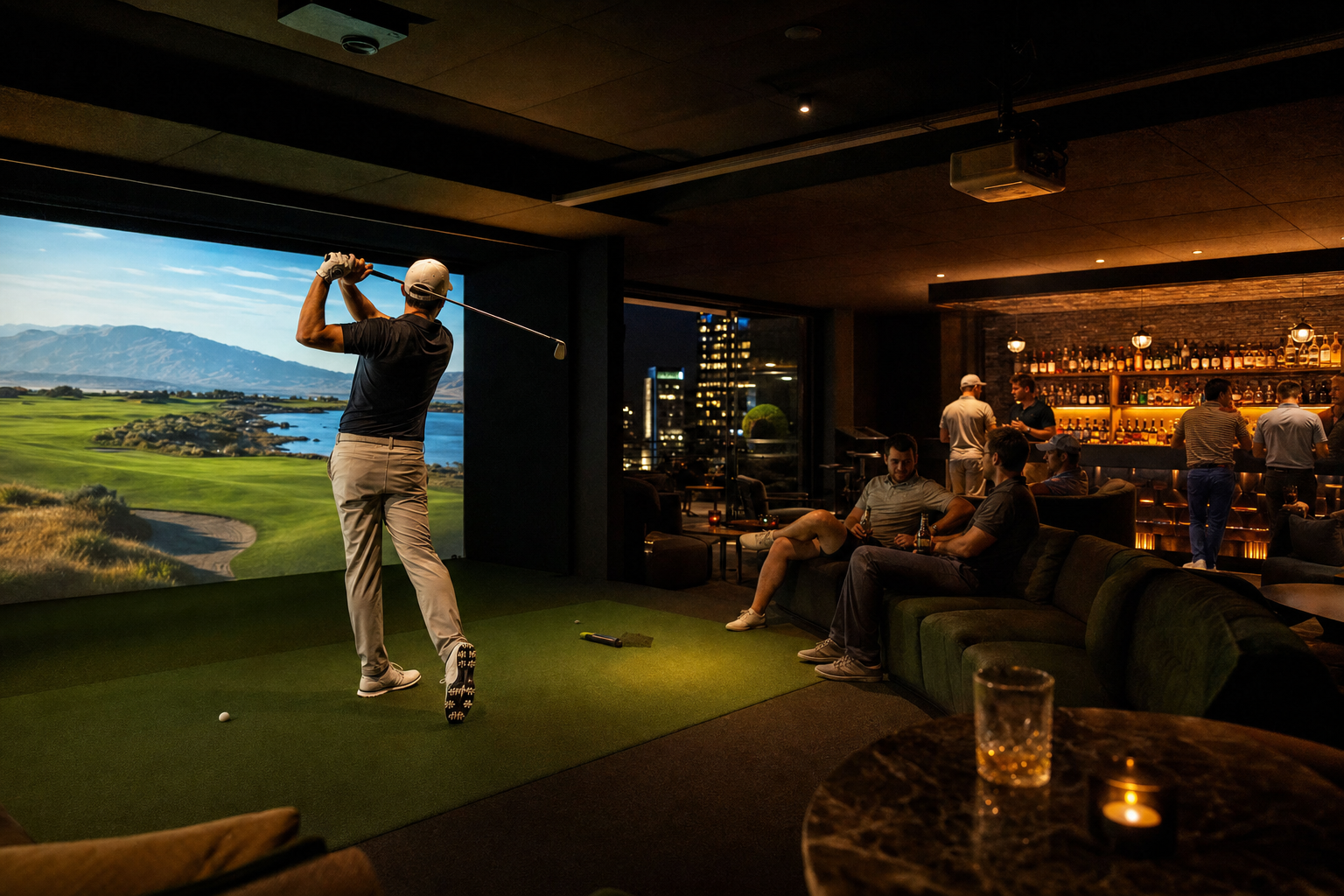 Atmospheric night-lit interior — placeholder; a real photo would show the simulator bays glowing under projector screens