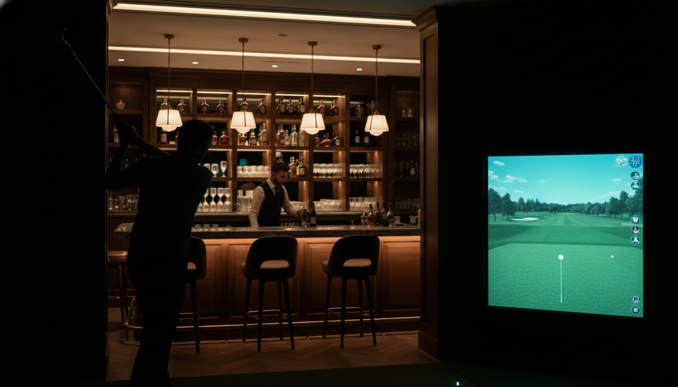 Placeholder — a real photo would show a player mid-swing in a curved simulator bay with the ball flight tracing across the screen