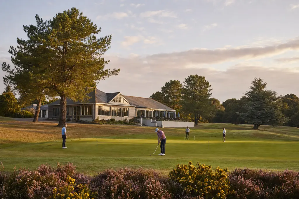 The Carnmoor Park clubhouse seen from across the eighteenth green, golfers putting out in evening light.